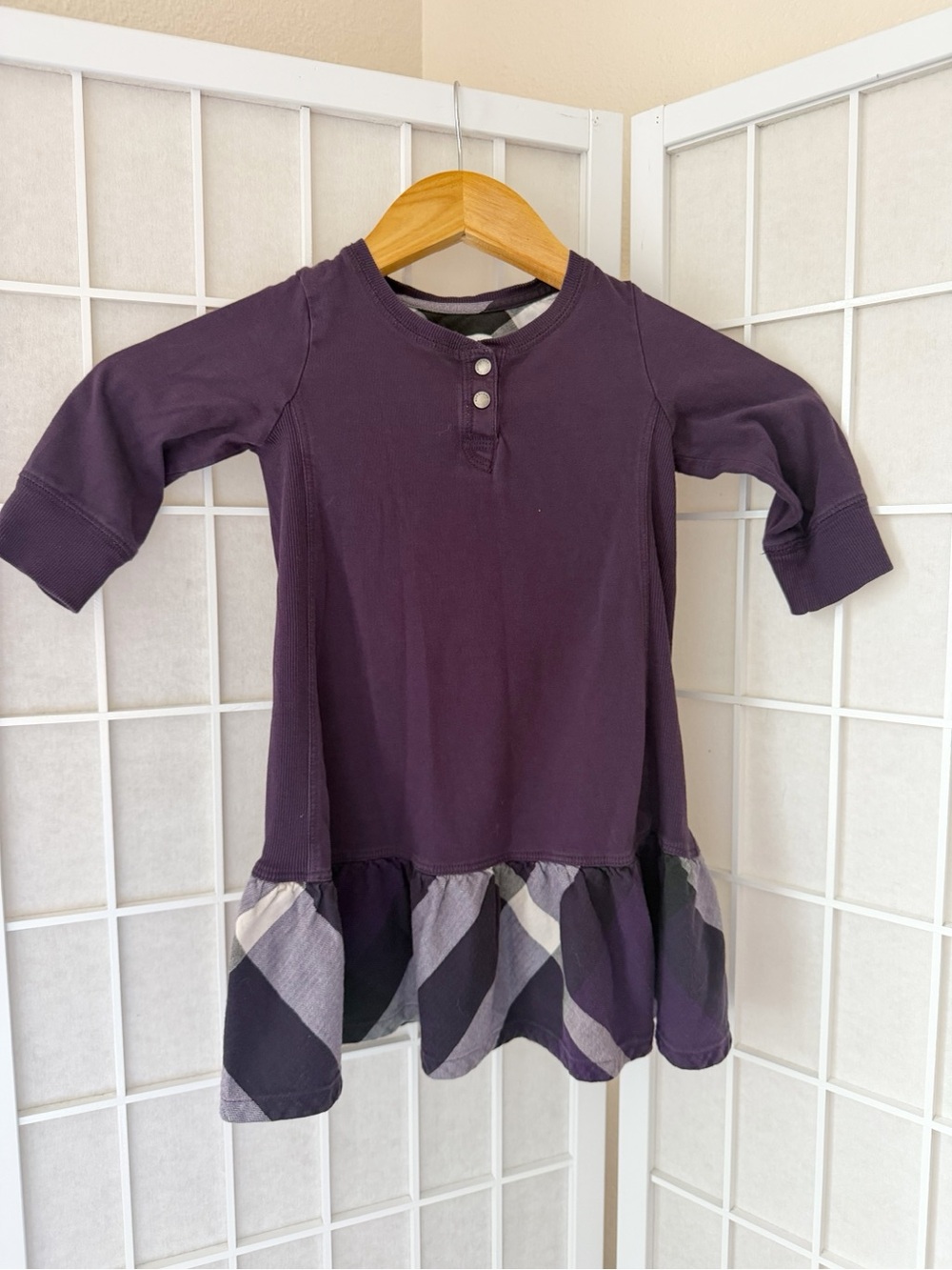 Burberry Purple Gray White Plaid Ruffle Long Sleeve Dress 3Y